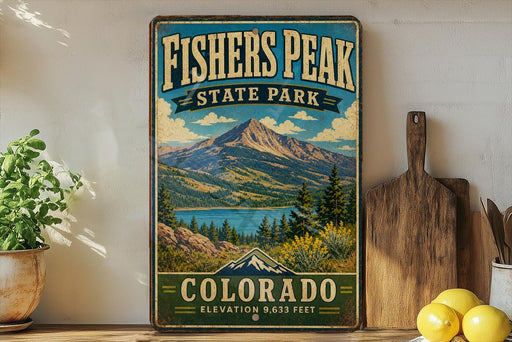 A vintage-style sign for Fishers Peak State Park in Colorado, featuring a mountain landscape with a lake and pine trees.