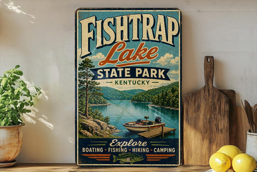 A vintage-style sign for Fish Trap Lake State Park in Kentucky, featuring a scenic image of a lake surrounded by mountains and a boat on the water.