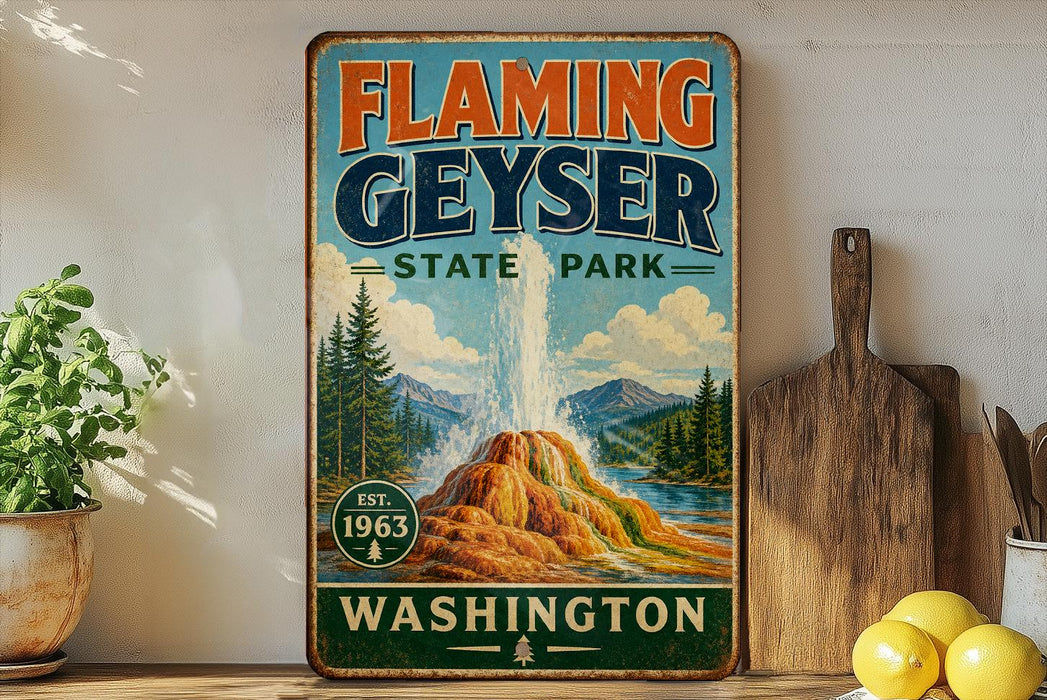 A vintage-style sign for Flaming Geyser State Park in Washington, featuring a scenic illustration of the geyser and surrounding landscape.