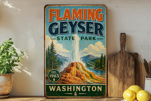 A vintage-style sign for Flaming Geyser State Park in Washington, featuring a scenic illustration of the geyser and surrounding landscape.