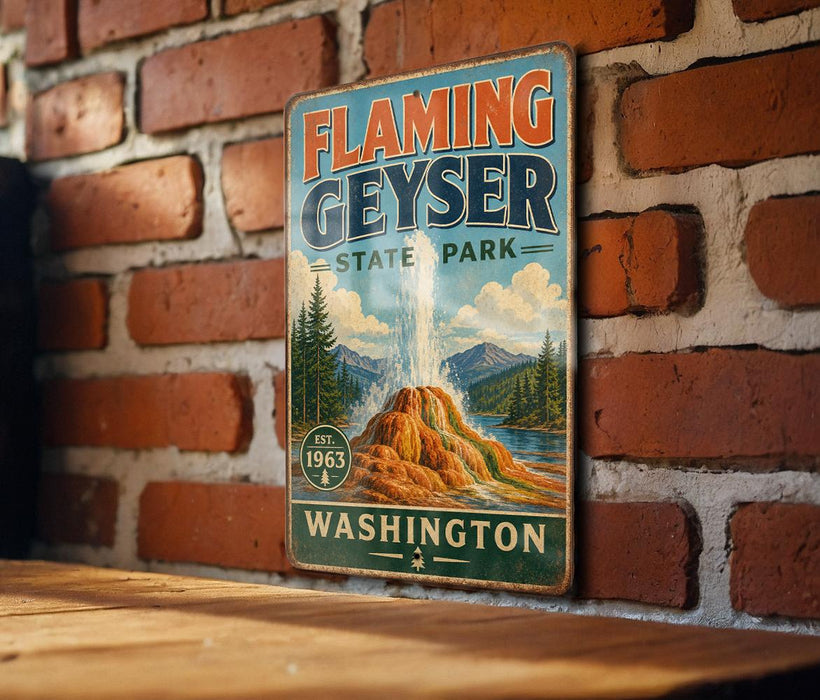 A vintage-style metal sign for Flaming Geyser State Park in Washington, featuring a scenic illustration of the geyser and surrounding landscape.