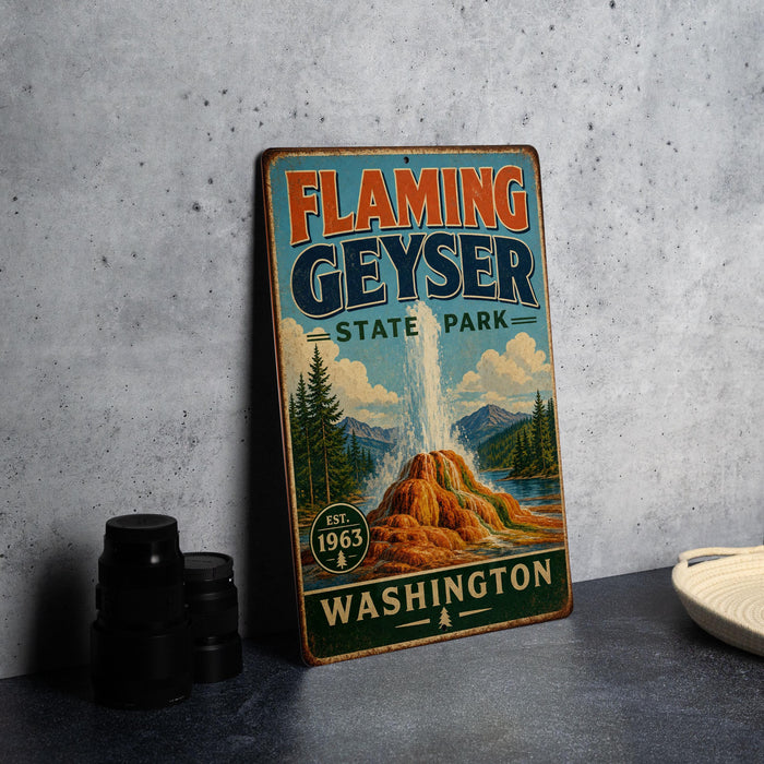 A vintage-style sign for Flaming Geyser State Park in Washington, featuring an illustration of the geyser and the surrounding landscape.