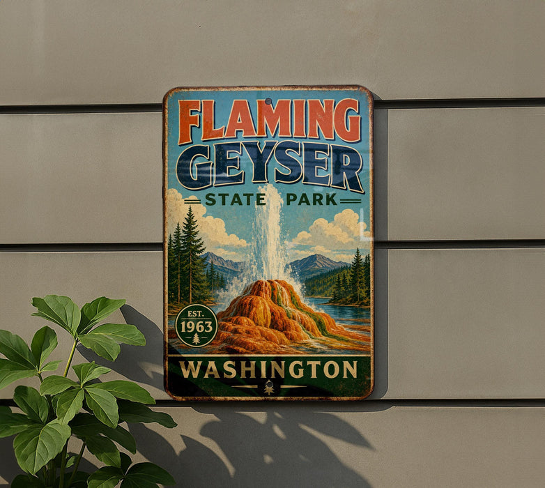A vintage-style sign for Flaming Geyser State Park in Washington, featuring a scenic landscape with a geyser and mountains in the background.