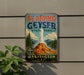 A vintage-style sign for Flaming Geyser State Park in Washington, featuring a scenic landscape with a geyser and mountains in the background.