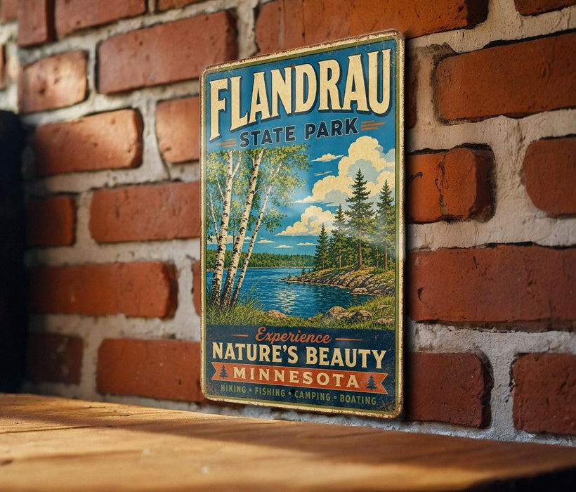 A vintage-style metal sign for Flandrau State Park in Minnesota, featuring a scenic landscape with a lake and trees.