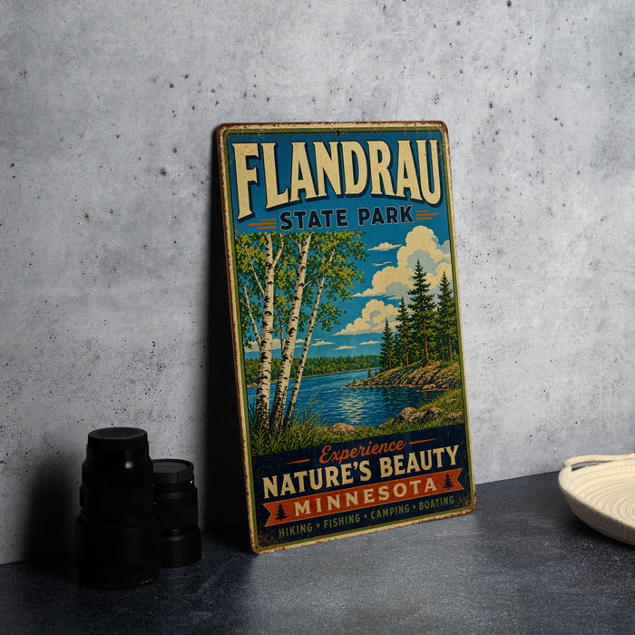 A vintage-style metal sign for Flandrau State Park, featuring a scenic landscape with trees, water, and a lake.