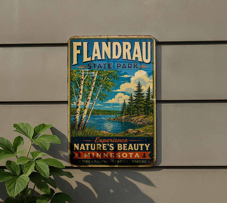 A vintage metal sign for Flandrau State Park in Minnesota, featuring a scenic landscape with birch trees, a lake, and mountains.