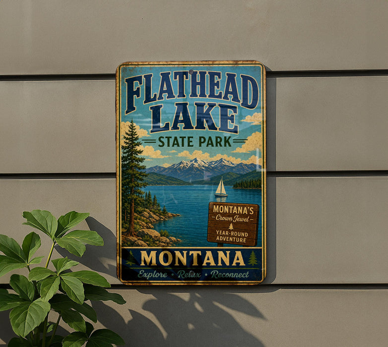 A vintage-style metal sign for Flathead Lake State Park, featuring a scenic landscape with mountains, a lake, and a sailboat.