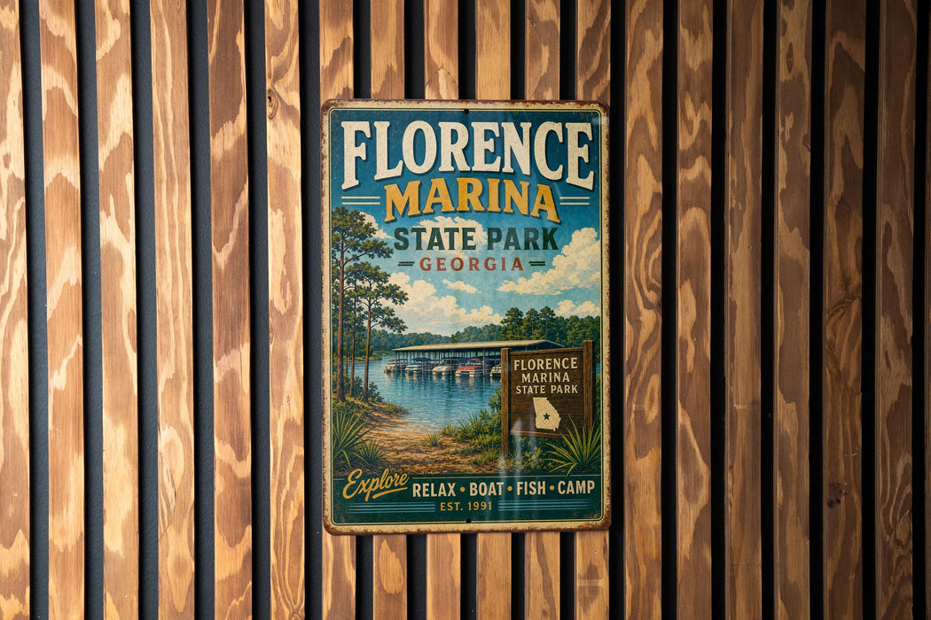 A vintage-style metal sign for Florence Marina State Park in Georgia, featuring a scenic image of the park and its surroundings.