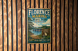 A vintage-style metal sign for Florence Marina State Park in Georgia, featuring a scenic image of the park and its surroundings.