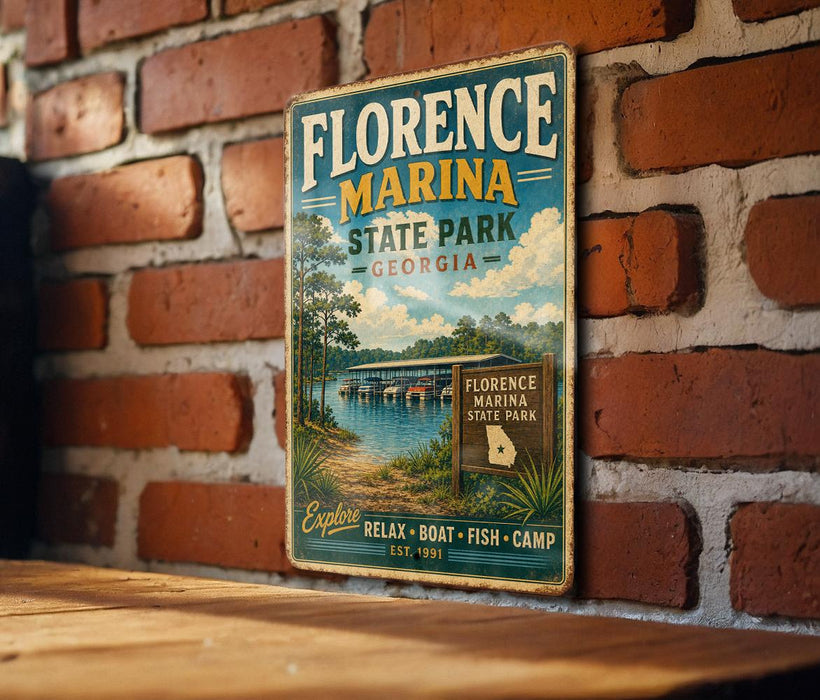 A vintage-style metal sign for Florence Marina State Park in Georgia, featuring a scenic illustration of a lake and surrounding landscape.