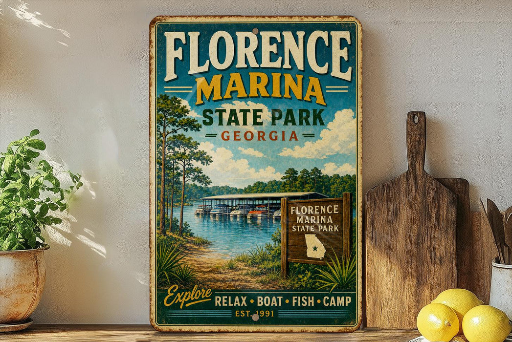 A vintage-style metal sign for Florence Marina State Park in Georgia, featuring a scenic image of a lake and boats.