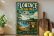 A vintage-style metal sign for Florence Marina State Park in Georgia, featuring a scenic image of a lake and boats.