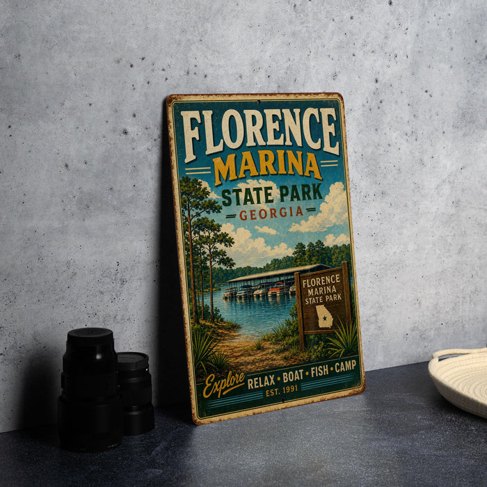 A vintage-style metal sign for Florence Marina State Park in Georgia, featuring a scenic illustration of the park and its surroundings.
