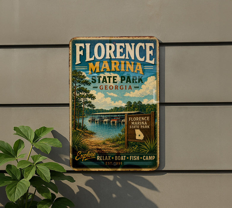A vintage-style metal sign for Florence Marina State Park in Georgia, featuring a scenic image of the park and its surroundings.