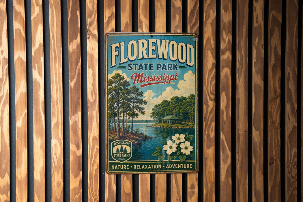 A vintage-style metal sign for Florewood State Park in Mississippi, featuring a scenic illustration of a lake, trees, and a cabin.