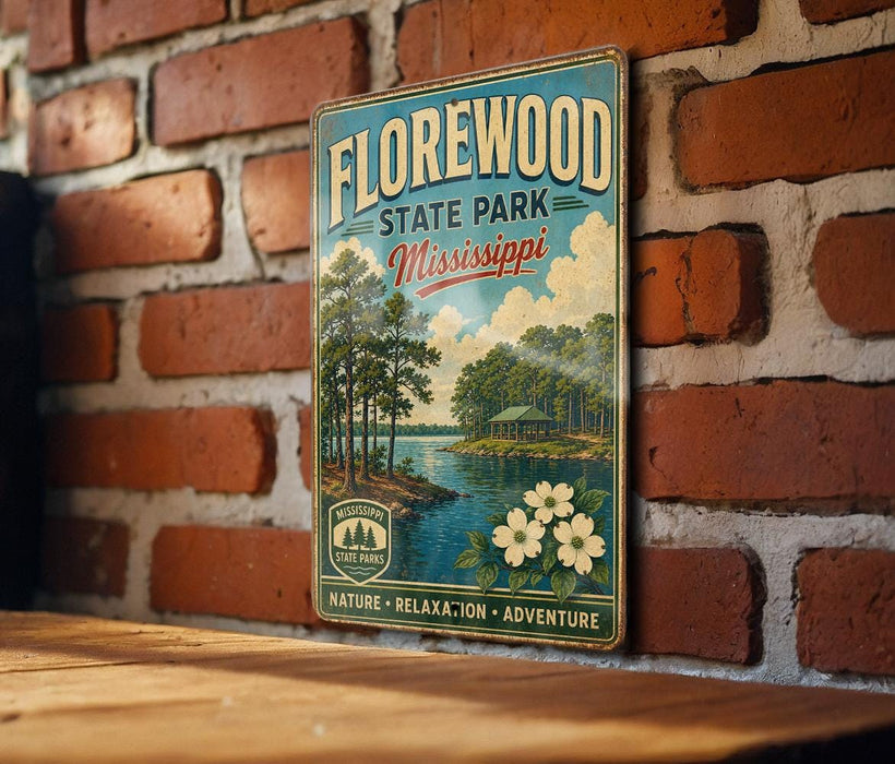 A vintage-style metal sign for "Florewood State Park, Mississippi" is displayed on a brick wall, featuring a scenic illustration of a lake, trees, and a cabin.