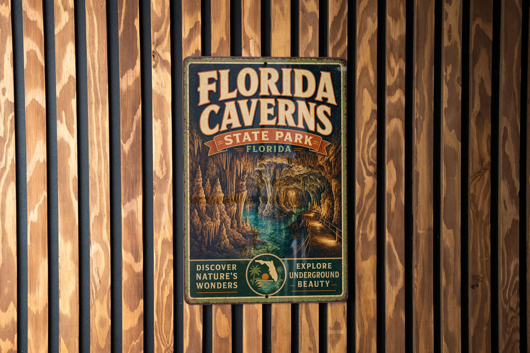 A vintage metal sign for Florida Caves State Park, featuring an illustration of the cave system and the text "FLORIDA CAVENS" and "EXPLORE NATURE'S WONDER".
