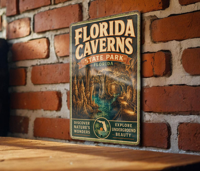 A vintage-style metal sign for Florida Caves State Park, featuring an illustration of the cave system and the text "FLORIDA CAVENS STATE PARK FLORIDA" along with the phrases "Discovery Nature's Wonders" and "Explore Underground Beauty".