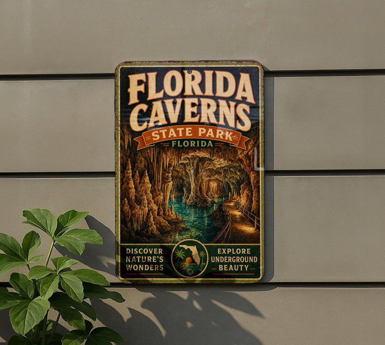 A vintage-style metal sign for Florida Caves State Park, featuring an illustration of the cave system and the text "FLORIDA CAVENS STATE PARK EXPLORE UNDERGROUND BEAUTY"