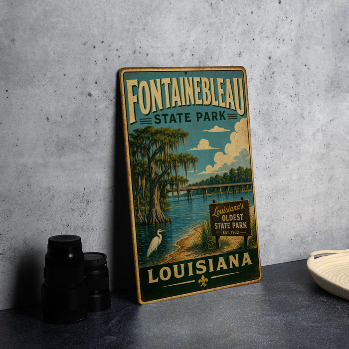 A vintage-style metal sign for Fountainbleau State Park in Louisiana, featuring a scenic illustration of the park and its surroundings.