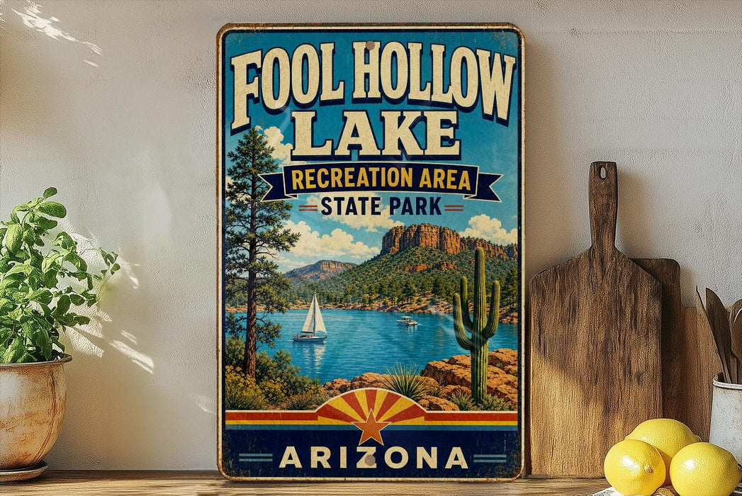 a vintage-style sign for Foolhole Lake, a recreation area in Arizona State Park, with a scenic landscape of mountains, a lake, and a sailboat.
