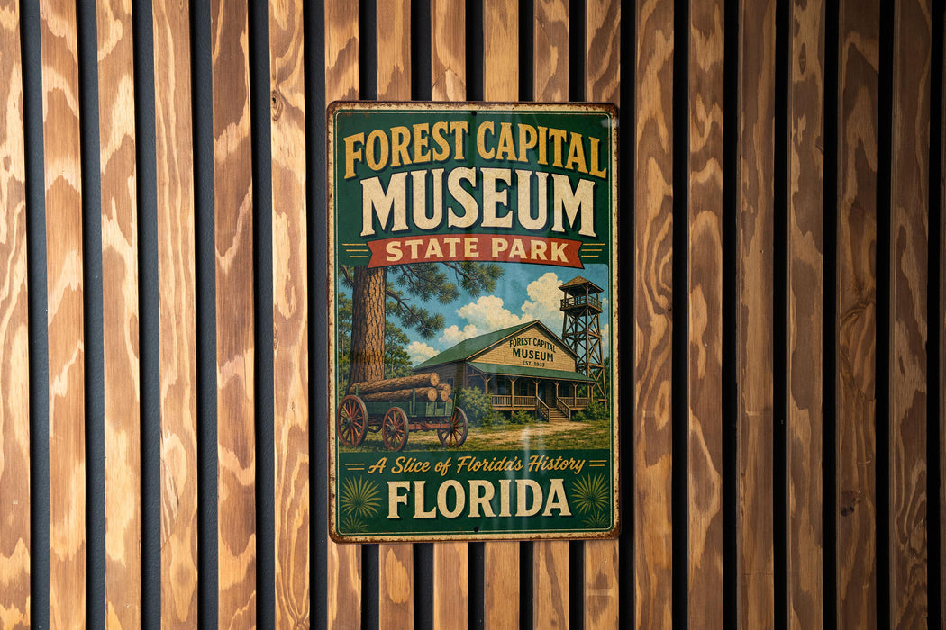 A vintage-style metal sign for the Forest Capital Museum in Florida, featuring a wagon and a building with a tower, mounted on a wooden wall.