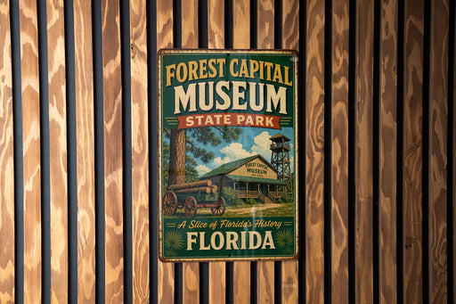 A vintage-style metal sign for the Forest Capital Museum in Florida, featuring a wagon and a building with a tower, mounted on a wooden wall.