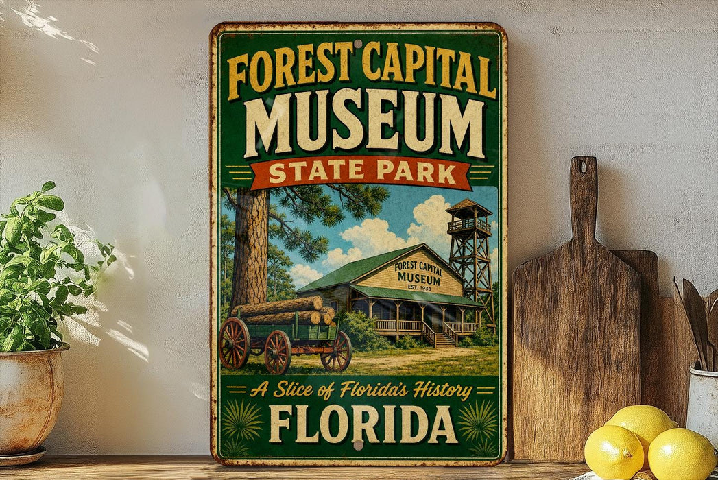 A vintage-style sign for the Forest Capital Museum in Florida, featuring an illustration of a wooden cabin and a wagon, with the text "A Slice of Florida's History" and "State Park".