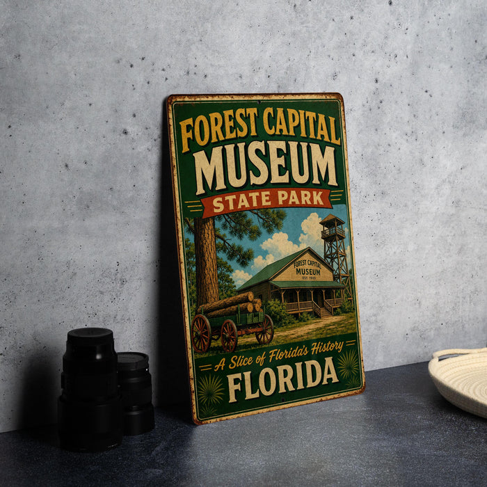 A vintage-style sign for the Forest Capital Museum in Florida, featuring an illustration of a building and a tree.