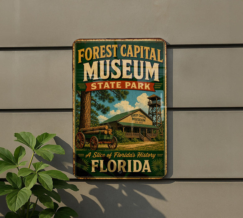 A vintage-style sign for the Forest Capital Museum in State Park, Florida, featuring an illustration of a museum building and a wagon.