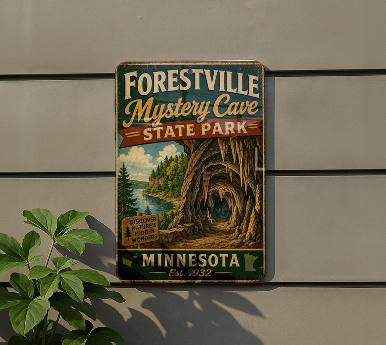 A vintage-style metal sign for the Forestville Mystery Cave State Park in Minnesota, featuring a scenic illustration of the cave and surrounding landscape.