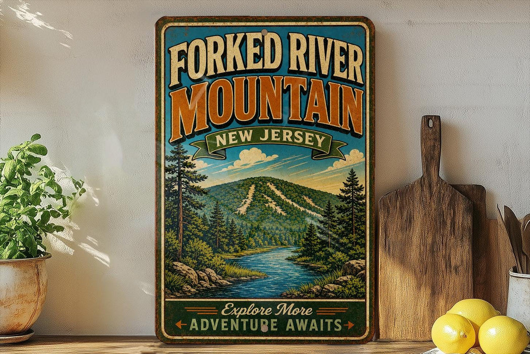 a vintage-style sign for the Forked River Mountain in New Jersey, with a scenic mountain landscape and a river. The sign is displayed on a shelf next to a wooden cutting board and some lemons.