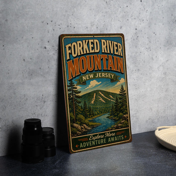 A vintage-style metal sign for the Forked River Mountain in New Jersey, featuring a scenic mountain landscape and a river.