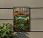 a vintage-style sign for the Forked River Mountain in New Jersey, with a scenic mountain landscape and a river.
