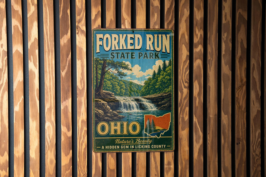 A vintage metal sign for Forked Run State Park in Ohio, featuring a scenic landscape with a waterfall and pine trees.