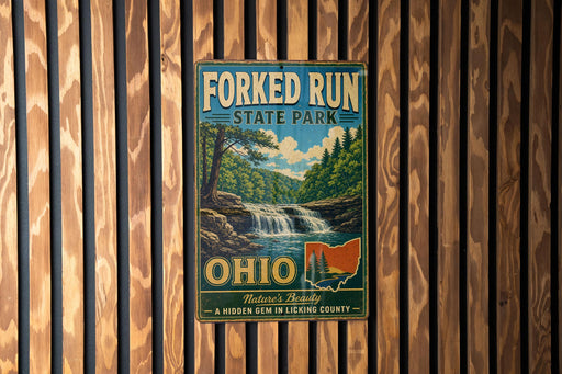 A vintage metal sign for Forked Run State Park in Ohio, featuring a scenic landscape with a waterfall and pine trees.