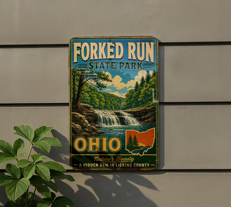 A vintage-style sign for Forked Run State Park in Ohio, featuring a scenic landscape with a waterfall and forest.