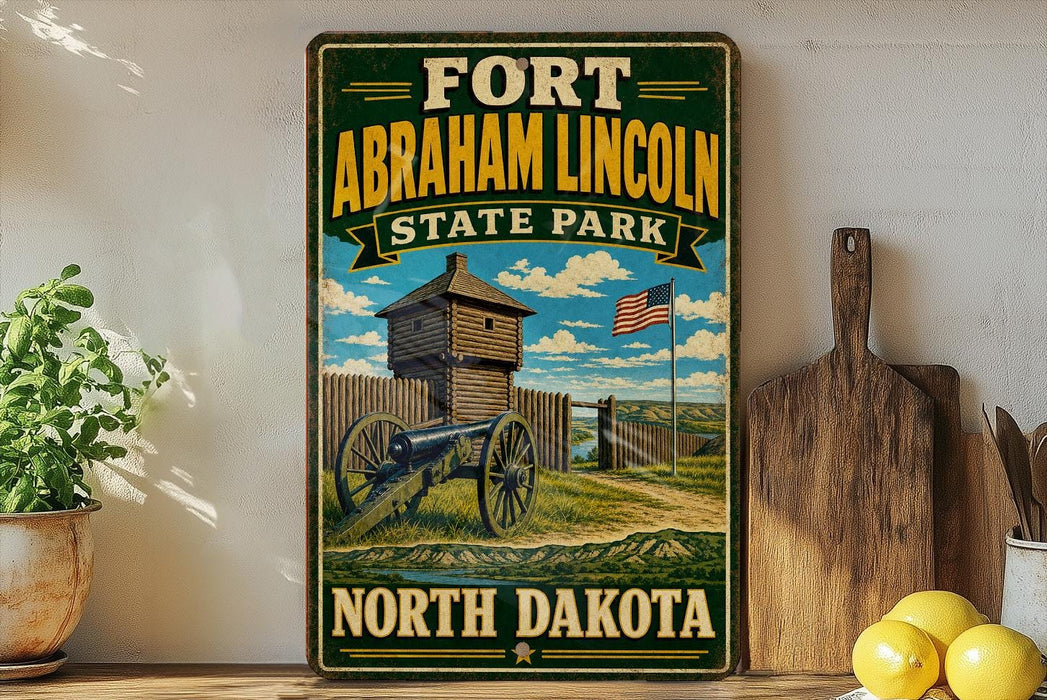 A vintage-style sign for Fort Abraham Lincoln State Park in North Dakota, featuring a cannon and a wooden fence, with a backdrop of a blue sky and clouds.