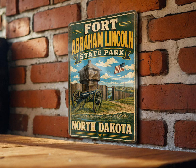 A vintage-style metal sign for Fort Abraham Lincoln State Park in North Dakota, featuring an illustration of a cannon and a wooden structure.