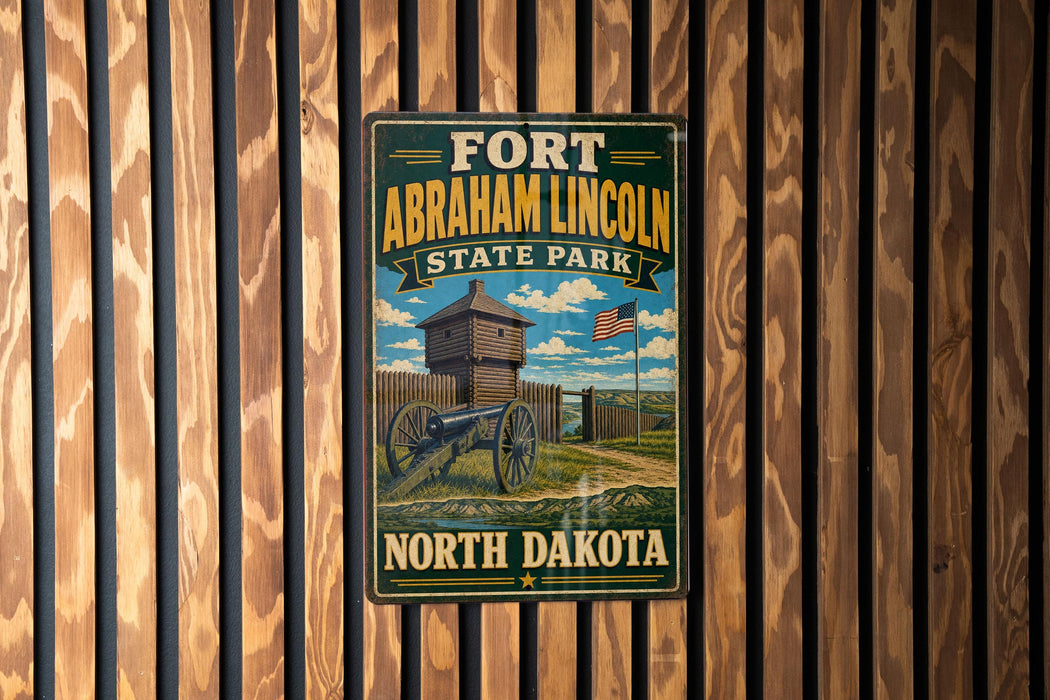 A vintage-style metal sign for Fort Abraham Lincoln State Park in North Dakota, featuring a cannon and a wooden building in the background.