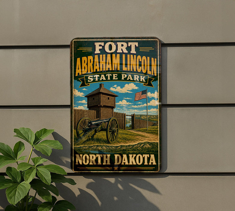 A vintage-style sign for Fort Abraham Lincoln State Park in North Dakota, featuring a cannon and a wooden building in the background.