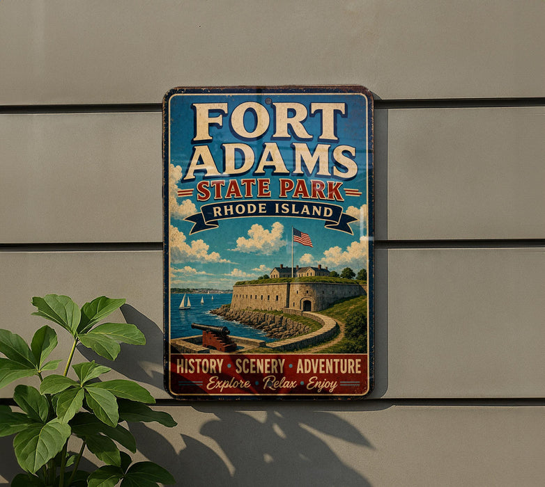 A vintage-style metal sign for Fort Adams State Park in Rhode Island, featuring a scenic illustration of the park's fort and surrounding landscape.
