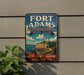 A vintage-style metal sign for Fort Adams State Park in Rhode Island, featuring a scenic illustration of the park's fort and surrounding landscape.