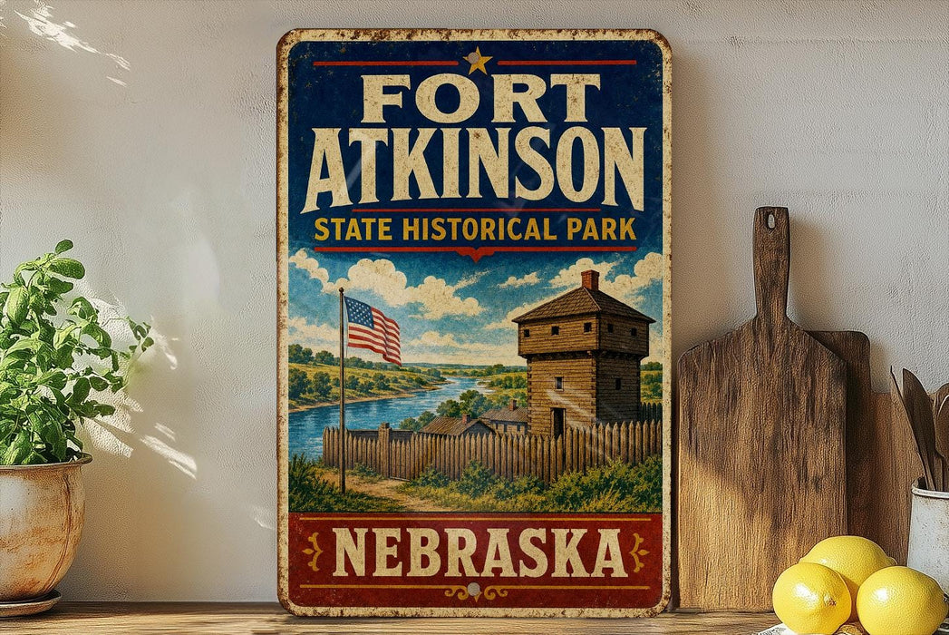 A vintage-style metal sign for Fort Atkinson State Historical Park in Nebraska, featuring an illustration of a historic fort and surrounding landscape.
