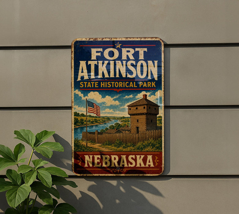 A vintage-style sign for Fort Atkinson State Historical Park in Nebraska, featuring an illustration of a historic fort and surrounding landscape.