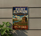 A vintage-style sign for Fort Atkinson State Historical Park in Nebraska, featuring an illustration of a historic fort and surrounding landscape.