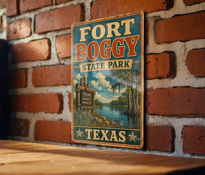 A vintage-style metal sign for Fort Boggby State Park in Texas, featuring a scenic illustration of the park's landscape.