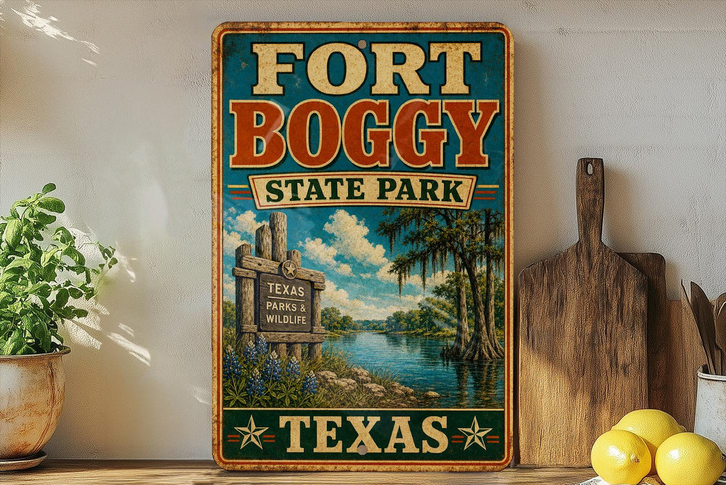 A vintage-style sign for Fort Boggy State Park in Texas, featuring a scenic landscape with a river, palm trees, and wildlife.
