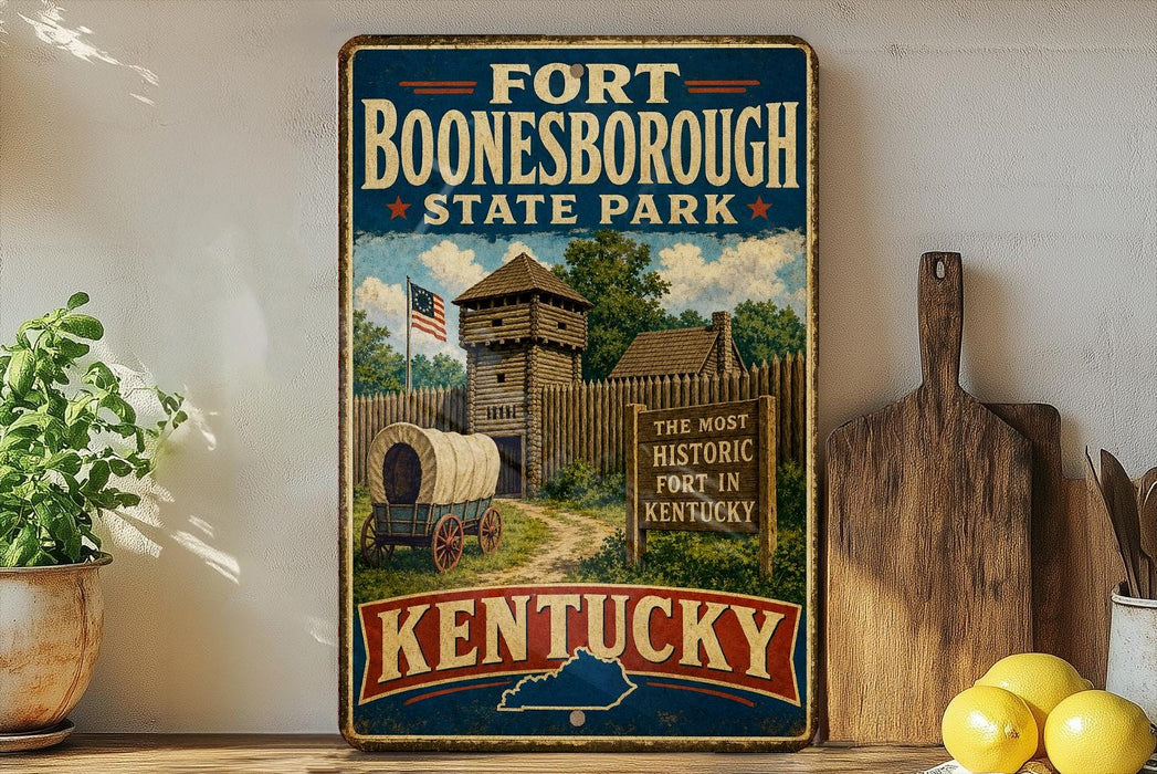A vintage-style sign for Fort Boone, Kentucky State Park, featuring a wooden fort with a tower and a wagon, surrounded by trees and a wooden fence.